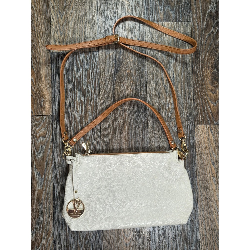 Valentina Italian Leather Crossbody Bag Cream Tan Gold Tone Hardware